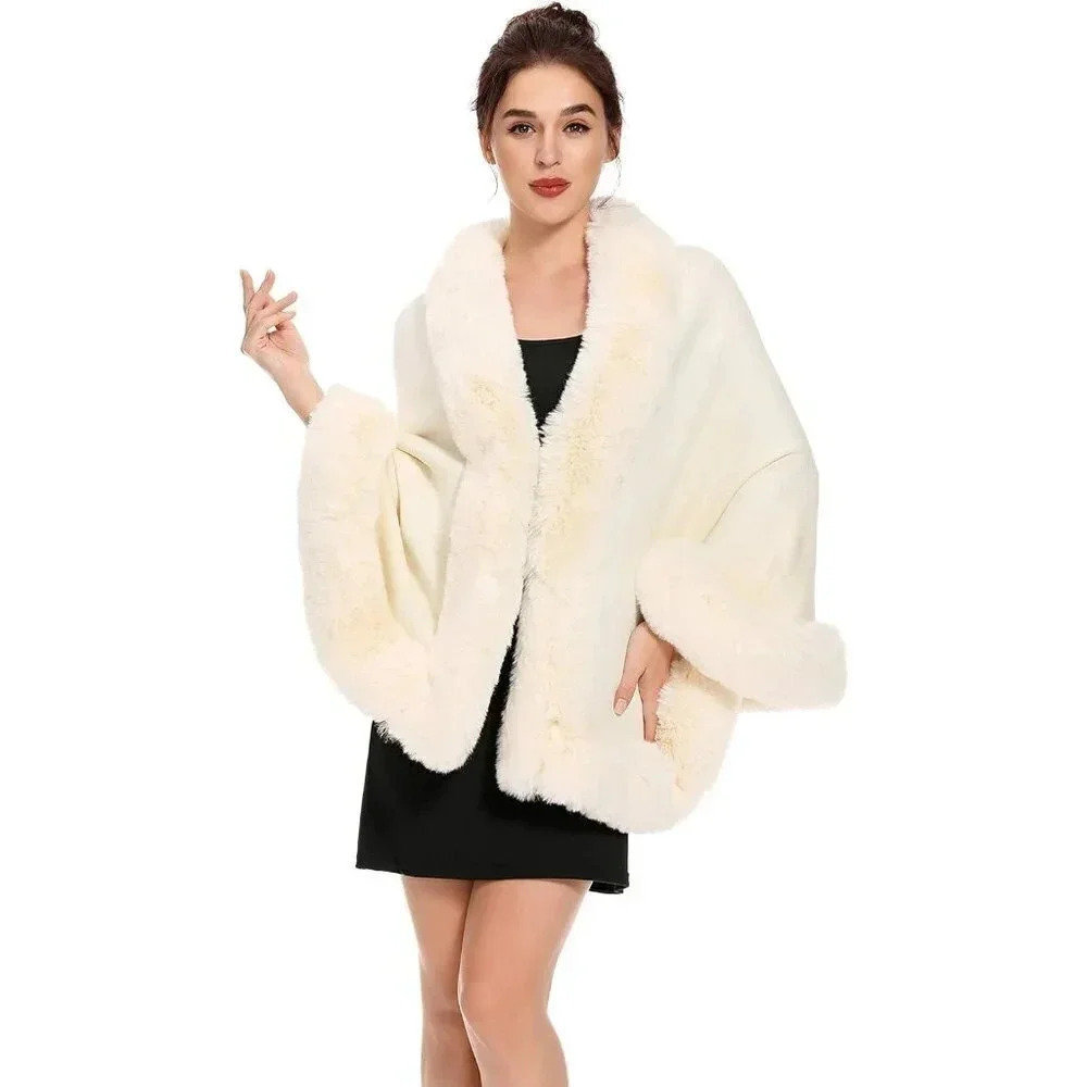 Zlyc Women Winter Faux Fur Shawl Stole Warm Wrap  Cape - Beige